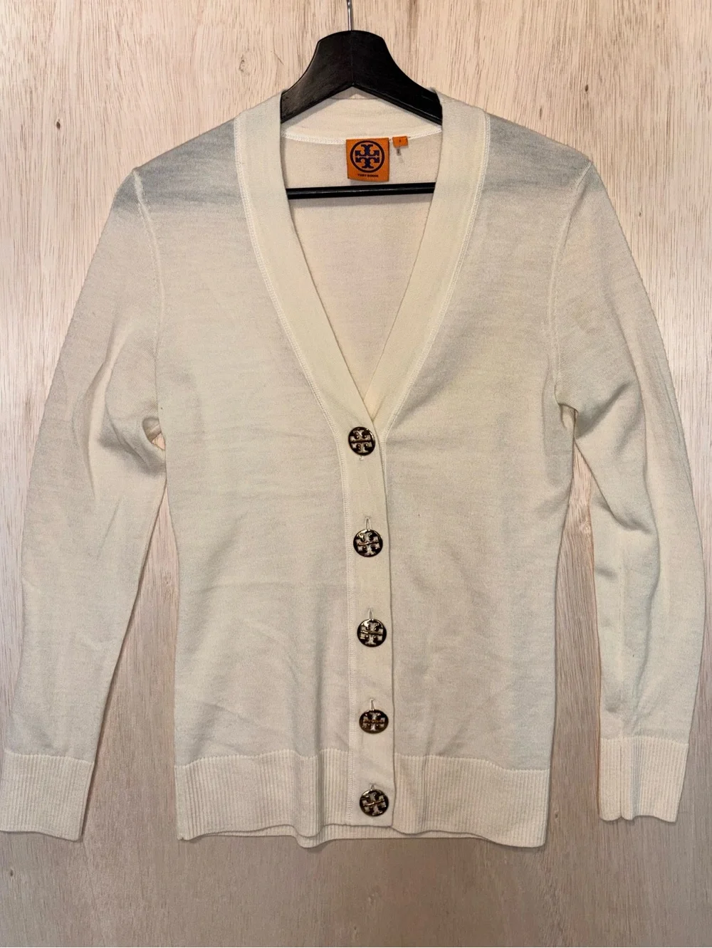 Tory Burch Ivory V-Neck Logo Button Cardigan